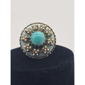 OLLIPOP USA Faux Turquoise Pearl Round Brass Ring Ornate Scroll Floral